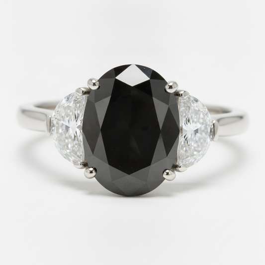 Black Diamond Marriage Ring 4.6 Carat Genuine Oval Half Moon Three Stone 14K White Gold