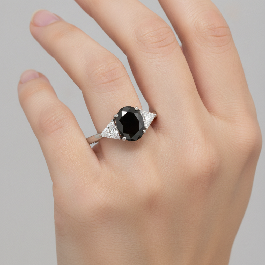 Black Engagement Ring Women 3.6 Carat Natural Oval Diamond Trilliant Three Stone 14K White Gold
