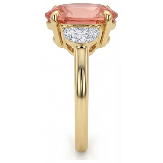 Peach Sapphire Engagement Ring 2.9 Carat Real Oval Padparadscha and White Half Moon Three Stone 14K Yellow Gold