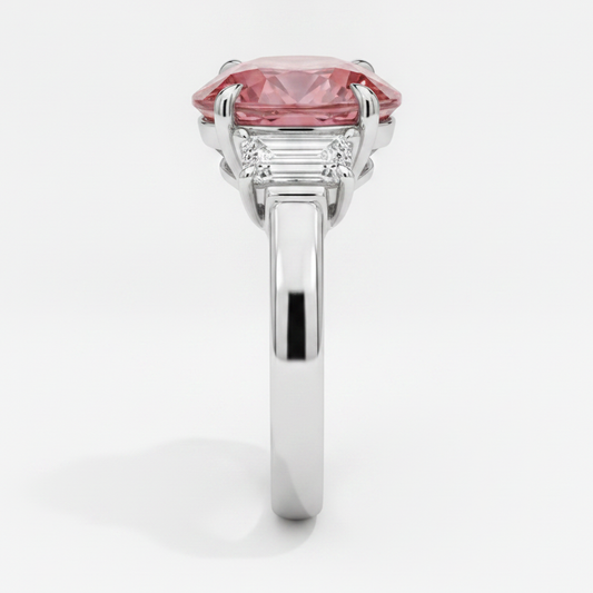 Padparadscha Sapphire Ring 3.6 Carat Real Oval and White Trapezoid Three Stone Platinum