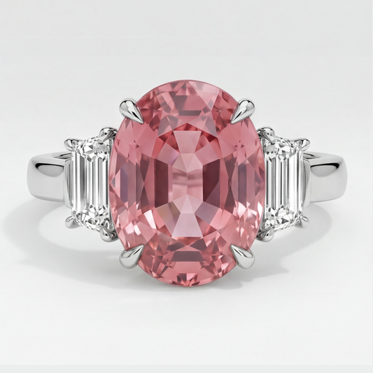 Padparadscha Sapphire Ring 3.6 Carat Real Oval and White Trapezoid Three Stone Platinum