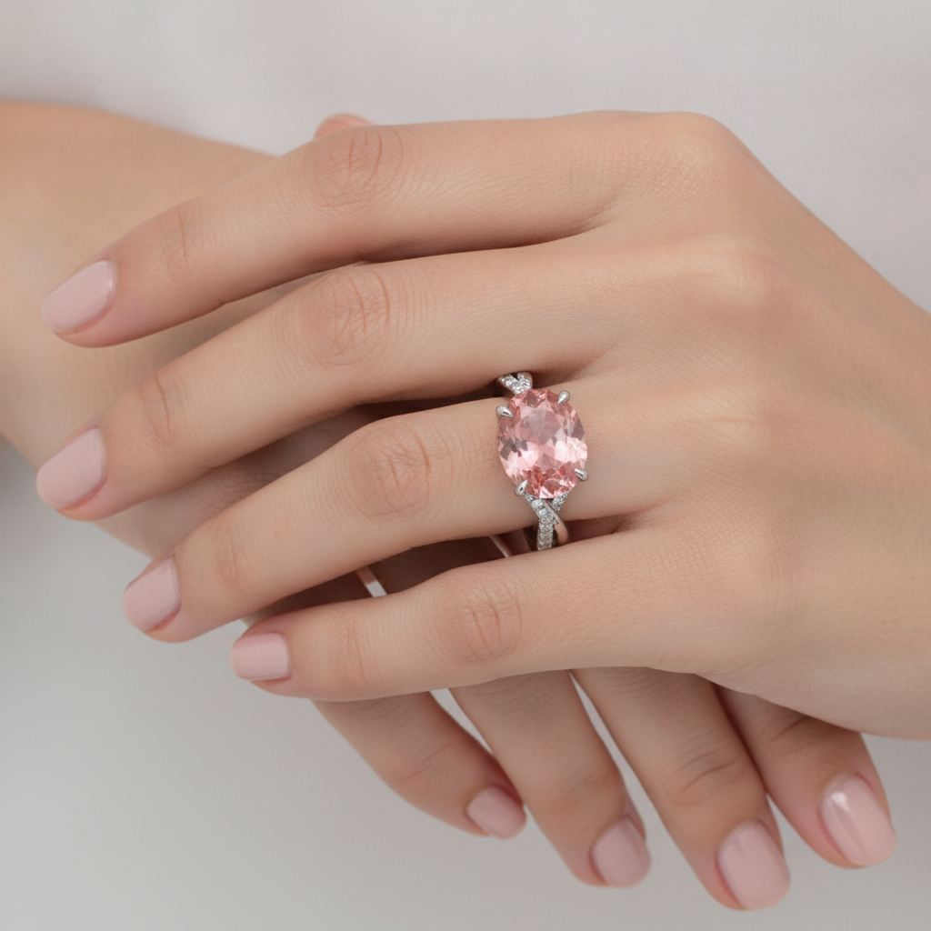 Peach Color Sapphire 2.8 Carat Natural Oval Padparadscha Bypass Ring 14K White Gold