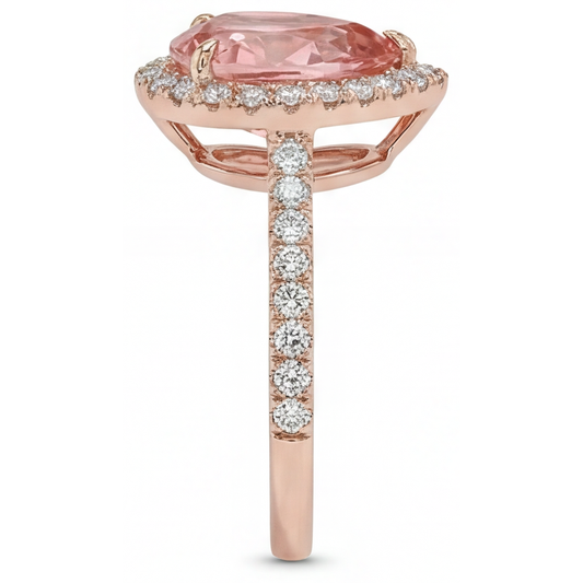 Peach Sapphire Ring 2.8 Carat Genuine Pear Padparadscha Halo Pave 14K Rose Gold