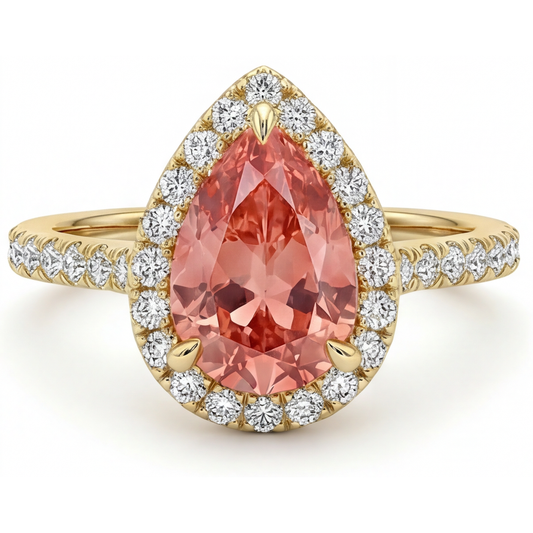 Peach Color Sapphire 2.8 Carat Genuine Pear Padparadscha Halo Pave Ring 14K Yellow Gold