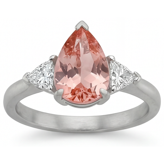 Padparadscha Sapphire Engagement Ring 2.9 Carat Real Pear and White Trilliant Three Stone 14K Gold