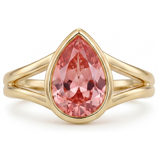 Peach Color Sapphire 2 Carat Real Pear Padparadscha Bezel Solitaire Ring 14K Yellow Gold