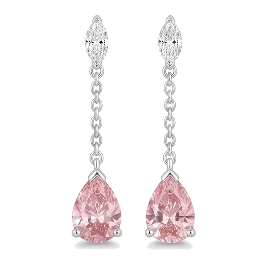 Pink Diamond Drop Earrings 2.5 Carat Lab Grown Pear Long Dangle 14K White Gold