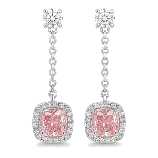 Pink Diamond Drop Earrings 3 Carat Lab Grown Cushion Halo Dangle 14K White Gold
