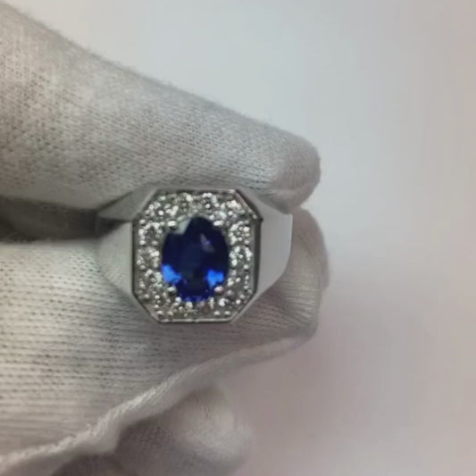 Round Natural Earth Mined Diamond Halo Oval Sapphire Ring Gold Men's Jewellery 3.50 Carats