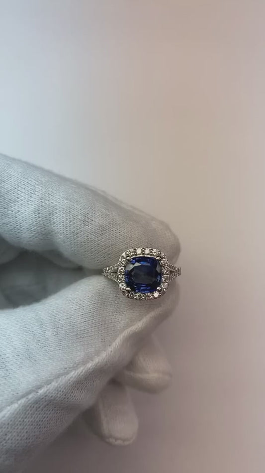 4.10 Ct Cushion Sri Lankan Sapphire And Round Natural Earth Mined Diamonds Ring White Gold
