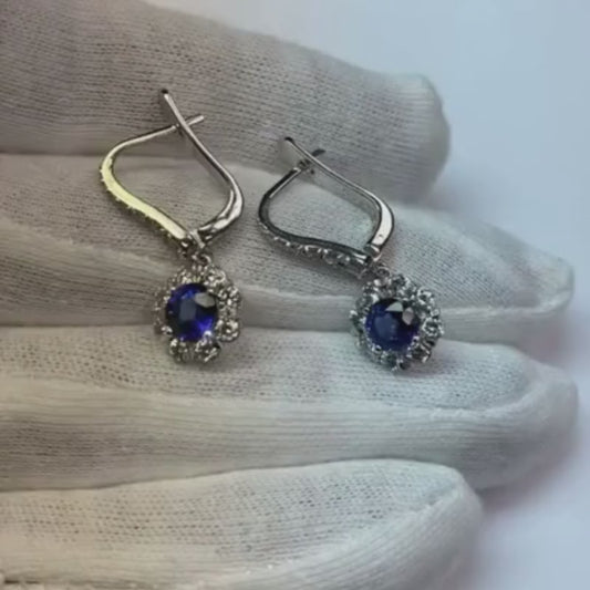 Round Cut 2.50 Ct Sri Lankan Sapphire And Natural Earth Mined Diamond Dangle Earring