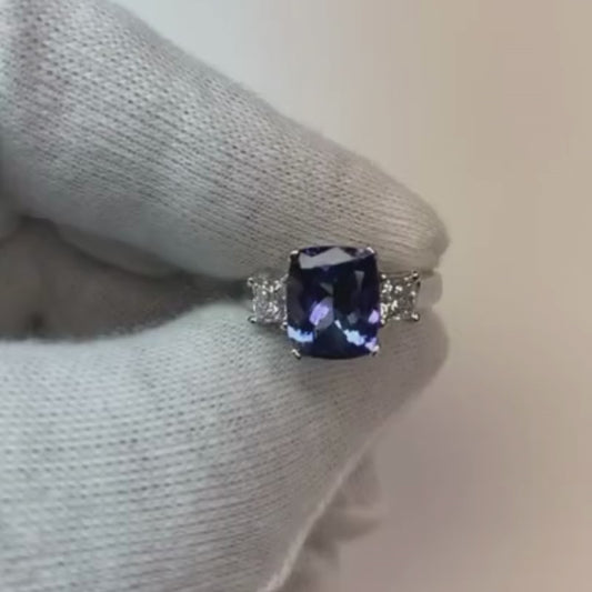 Sparkling 4.01 Carats Tanzanite Cushion And Natural Earth Mined Diamond Anniversary Ring