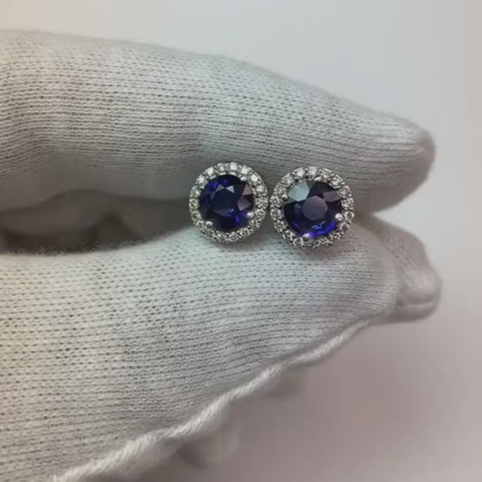 Round Ceylon Sapphire Stud Earring Halo Natural Earth Mined Diamond Gold 2.30 Ct