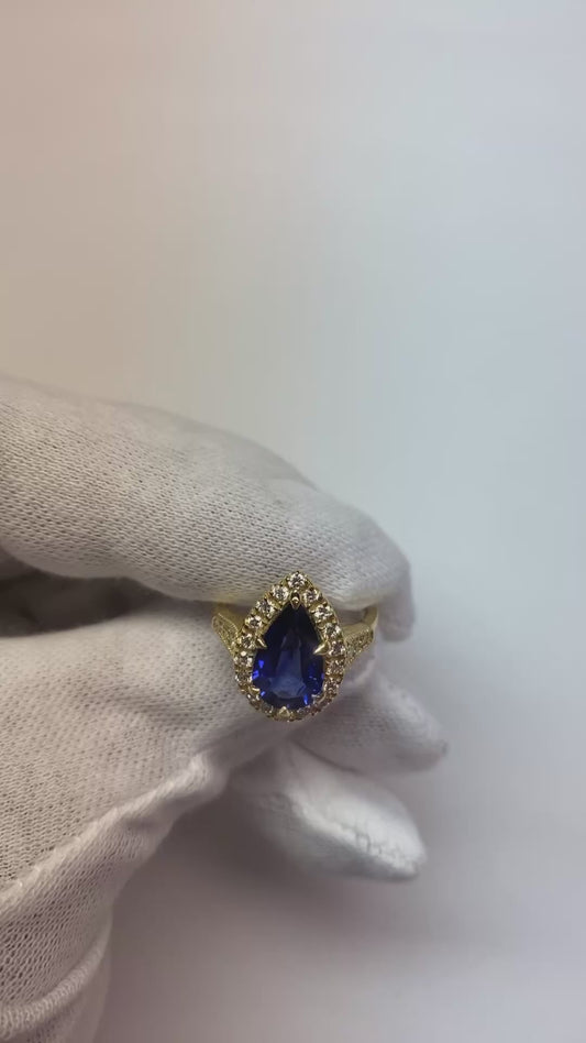 Halo Ring Vintage Style Pear Sri Lankan Sapphire & Natural Earth Mined Diamonds 3.50 Carats
