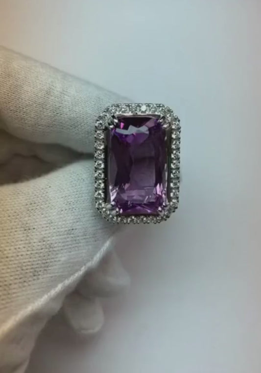 34.50 Ct Cushion Kunzite With Round Natural Earth Mined Diamonds Ring White Gold 14K