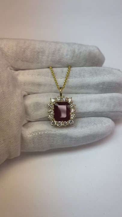 Emerald Cut Red Ruby And Natural Earth Mined Diamond Women Pendant White Gold 9.75 Ct.