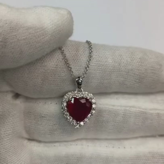 White Gold Heart Cut Red Ruby & Natural Earth Mined Diamond Necklace Pendant 2.70 Carats