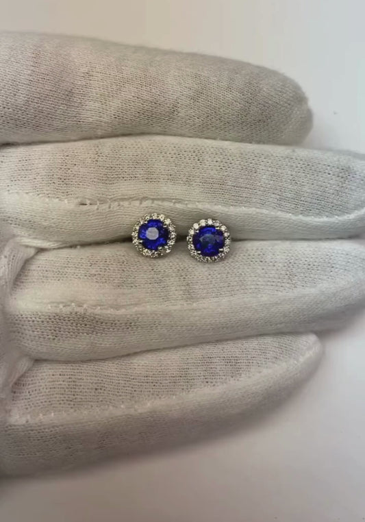 Round Ceylon Sapphire Natural Earth Mined Diamond Cluster Earring White Gold 2.30 Ct.