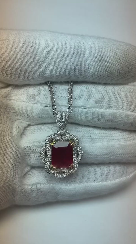 4.80 Carats Red Ruby With Natural Earth Mined Diamonds Pendant Necklace White Gold 14K