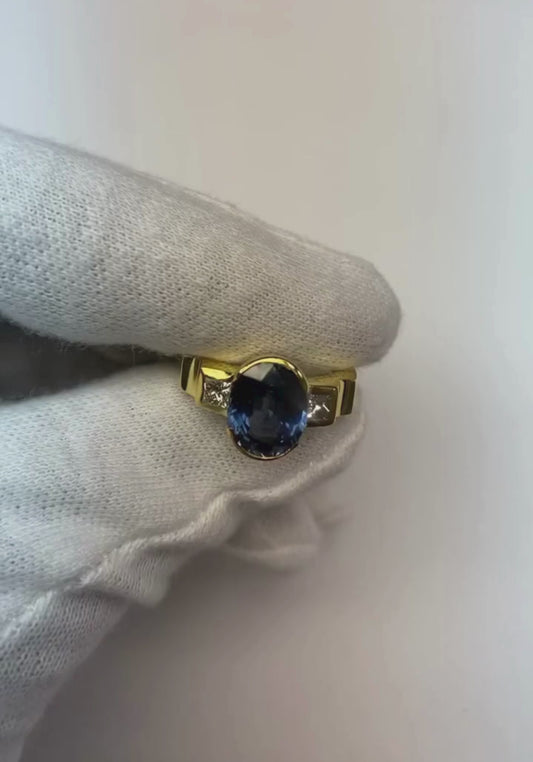 3.61 Ct Natural Earth Mined Diamonds 3-Stone Sri Lanka Blue Sapphire Bezel Ring