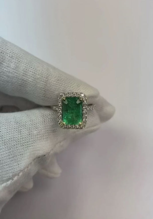 Halo Diamond Colombian Green Emerald Engagement Ring 3.55 Carats White Gold