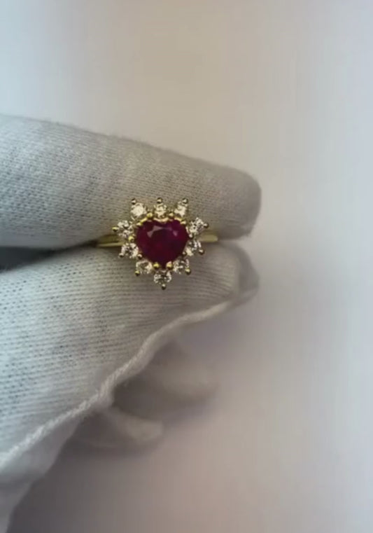 2.25 Carats Heart Cut Ruby And Natural Earth Mined Diamond Ring Yellow Gold 14K