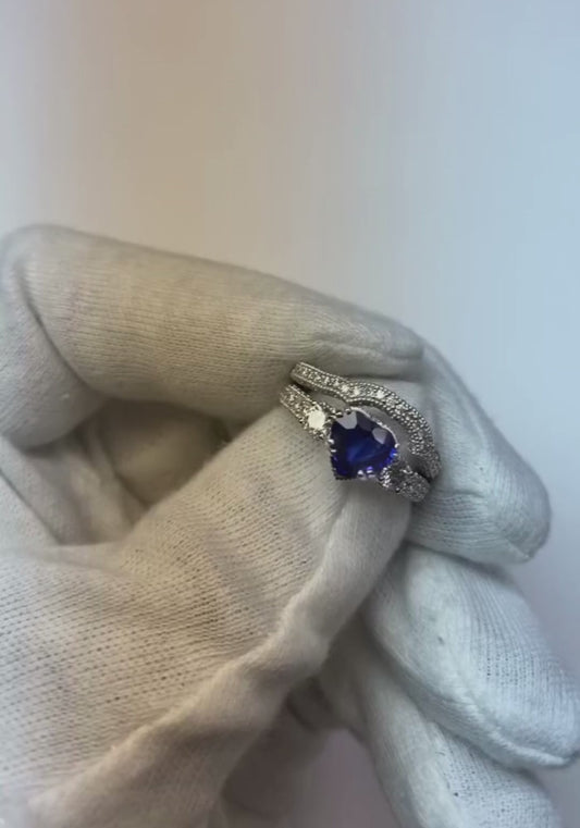Natural Earth Mined Diamond Wedding Ring Set Heart Blue Sapphire Antique Style 3.50 Carats