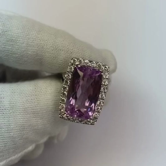 Cushion Cut Pink Kunzite 24.50 Ct Natural Earth Mined Diamond Ring White Gold Lady Jewellery
