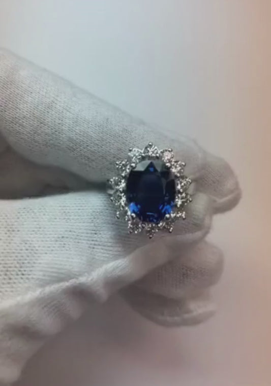 Oval Natural Earth Mined Diamond Engagement Ring Halo Ceylon Sapphire 6 Carat Flower Style
