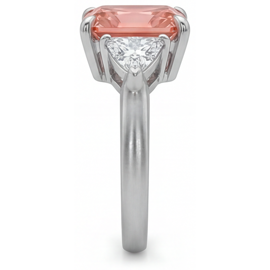 Padparadscha Sapphire Ring 2.9 Carat Genuine Radiant and White Trilliant Three Stone 14K Gold