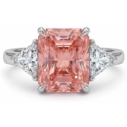 Peach Sapphire Engagement Ring 2.9 Carat Real Radiant Padparadscha and White Trilliant Three Stone Plain 14K Gold