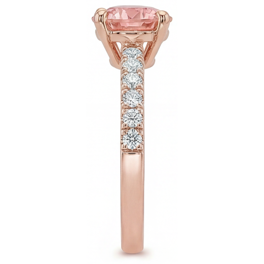 Padparadscha Engagement Ring 1.8 Carat Genuine Round Sapphire Pave 14K Rose Gold