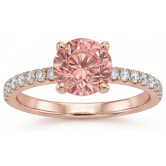 Padparadscha Engagement Ring 1.8 Carat Genuine Round Sapphire Pave 14K Rose Gold