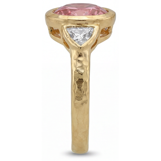 Padparadscha Ring 2.6 Carat Natural Round Sapphire and White Trilliant Bezel Three Stone 14K Yellow Gold