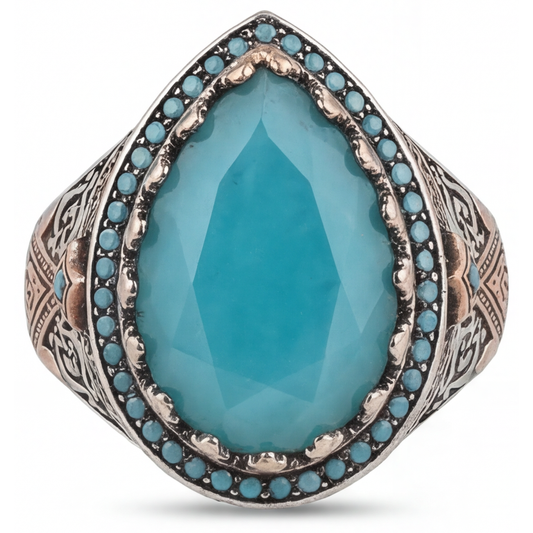 Genuine Turquoise Halo Setting Ring 8.5 ct Two-Tone 14K Gold – front view