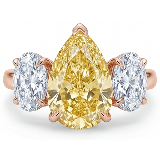 Yellow Canary Diamond Pear Shape 3-Stone Ring in 14K Rose Gold – front view