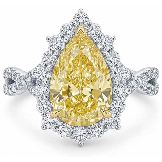 Yellow Canary Diamond Pear Cut Halo Setting Ring in Two-Tone 14K Gold – main view