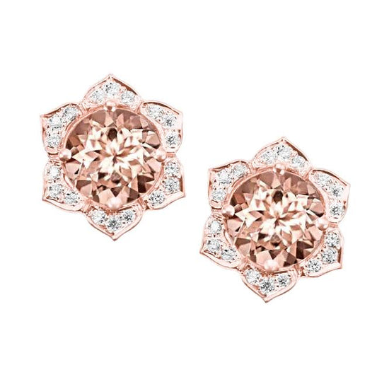 11.20 Ct Big Morganite With Diamonds Lady Studs Earring 14K Gold