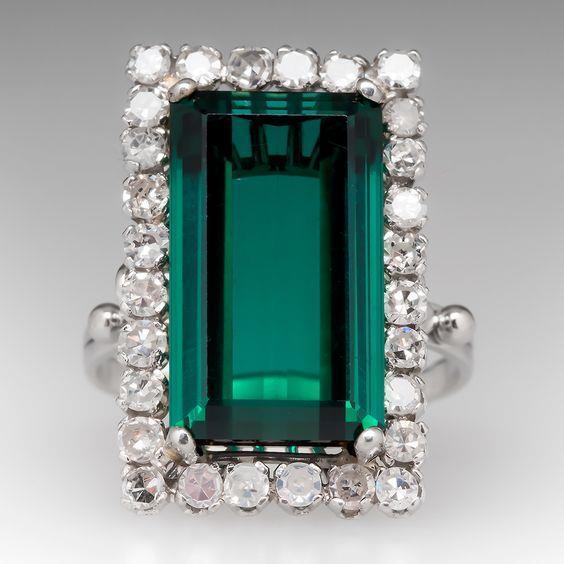 13 Ct Green Tourmaline And Diamond Ring 14K White Gold