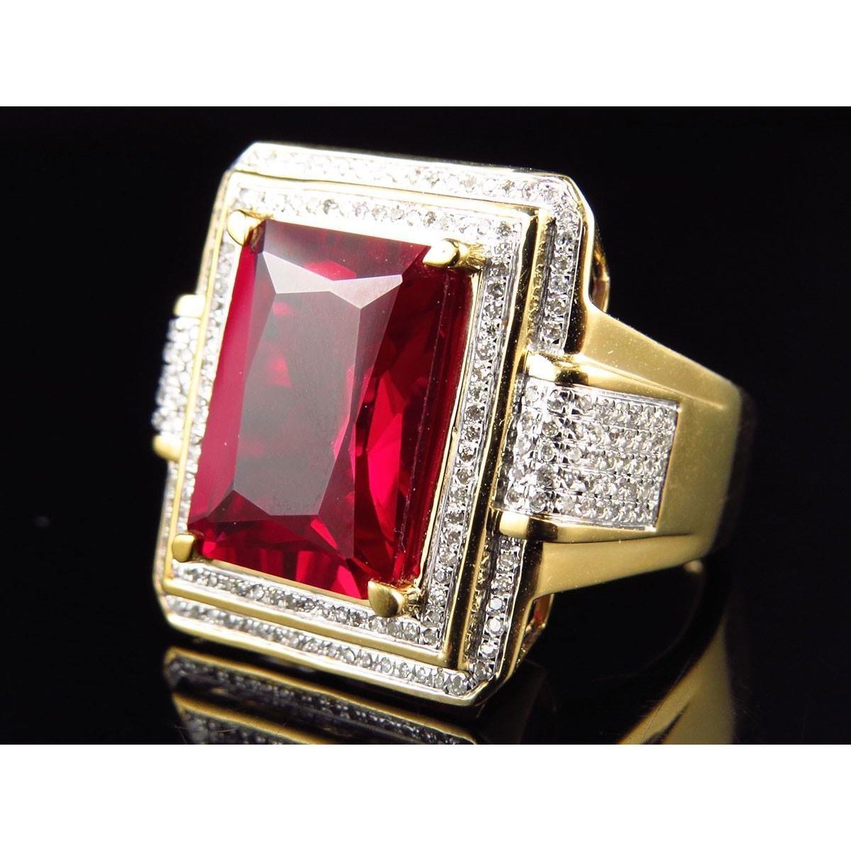 13 Ct Big Emerald Cut Red Aaa Men's Ruby Ring With Diamond Yellow Gold 14K