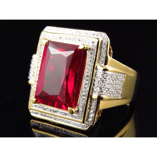13 Ct Big Emerald Cut Red Aaa Men's Ruby Ring With Diamond Yellow Gold 14K