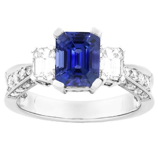 14K Gold Gemstone Emerald Sapphire Ring 3 Carats 3 Stone Style Accents