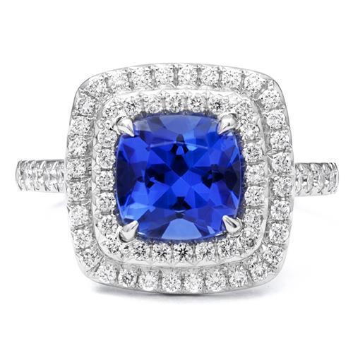 15 Ct Halo Cushion Tanzanite And Diamonds Ring White Gold 14K