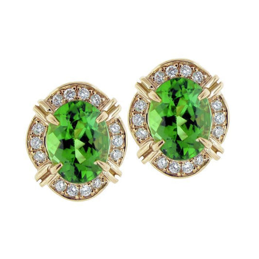 15.28 Carats Oval Green Tourmaline Diamond Stud Earring 14K Yellow Gold