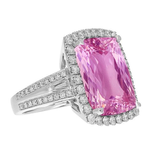 19.40 Carats Cushion Cut Kunzite Round Diamonds Ring White Gold