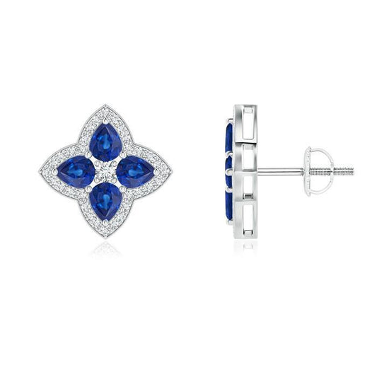 1.36 Ct Pear Sri Lanka Sapphire Round Diamond Stud Earring Gold