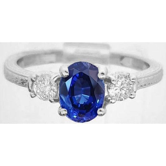 1.5 Ct Oval Sri Lanka Sapphire And Diamond Three Stone Ring Gold 14K