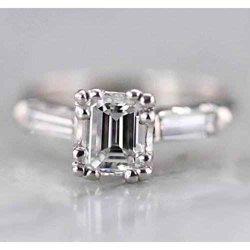 1.60 Carats Emerald Diamond 3 Stone Ring Baguettes White Gold 14K