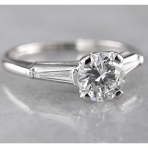 1.60 Carats Round & Baguette Three Stone Ring White Gold 14K