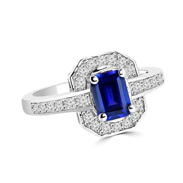 1.70 Carats Emerald Cut Ceylon Sapphire Diamond Ring White Gold 14K
